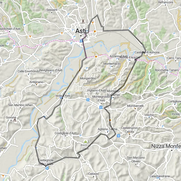Zemljevid v pomanjšavi "Cestna kolesarska pot Castagnole delle Lanze - Isola d'Asti - Asti - Rocca d'Arazzo - Bricco Lù" kolesarske inspiracije v Piemonte, Italy. Generirano z načrtovalcem kolesarskih poti Tarmacs.app