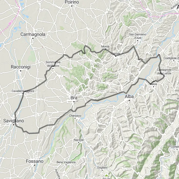 Miniatura della mappa di ispirazione al ciclismo "Itinerario tra Pollenzo e Castello dei Seyssel d'Aix" nella regione di Piemonte, Italy. Generata da Tarmacs.app, pianificatore di rotte ciclistiche