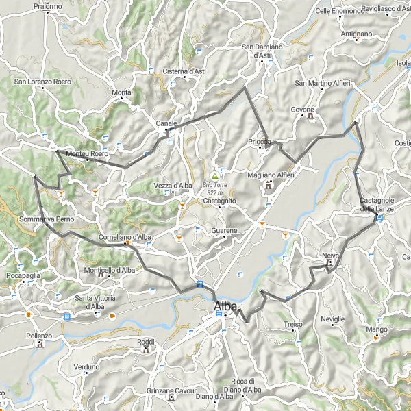 Miniature de la carte de l'inspiration cycliste "Boucle du Roero" dans la Piemonte, Italy. Générée par le planificateur d'itinéraire cycliste Tarmacs.app