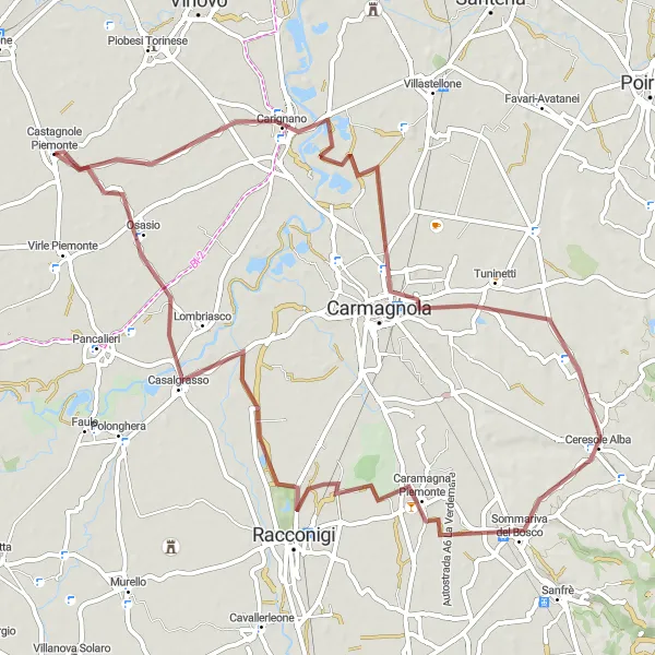 Miniatua del mapa de inspiración ciclista "Aventura en gravilla por Carignano, Carmagnola y Castello dei Seyssel d'Aix" en Piemonte, Italy. Generado por Tarmacs.app planificador de rutas ciclistas