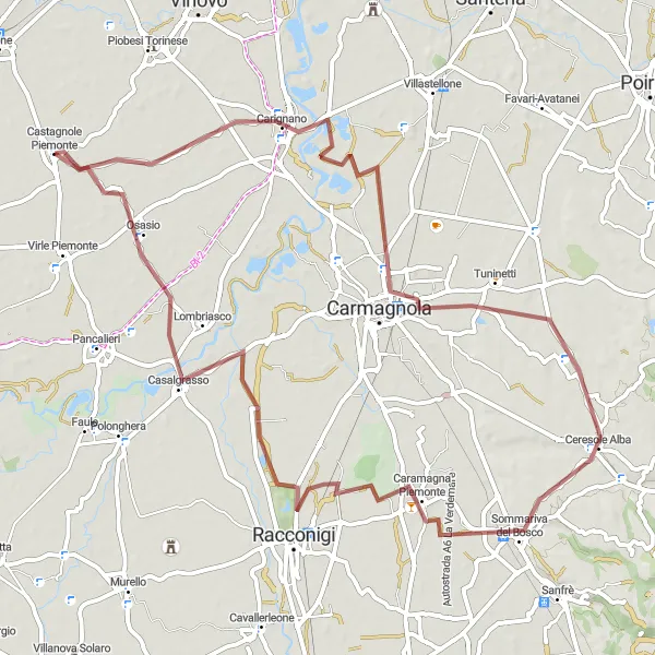 Miniatura della mappa di ispirazione al ciclismo "Percorso in gravellone da Castagnole Piemonte a Carmagnola attraverso Carignano" nella regione di Piemonte, Italy. Generata da Tarmacs.app, pianificatore di rotte ciclistiche