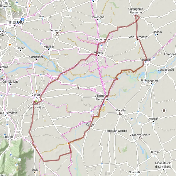 Miniaturní mapa "Gravelový okruh kolem Pancalieri a Vigone" inspirace pro cyklisty v oblasti Piemonte, Italy. Vytvořeno pomocí plánovače tras Tarmacs.app