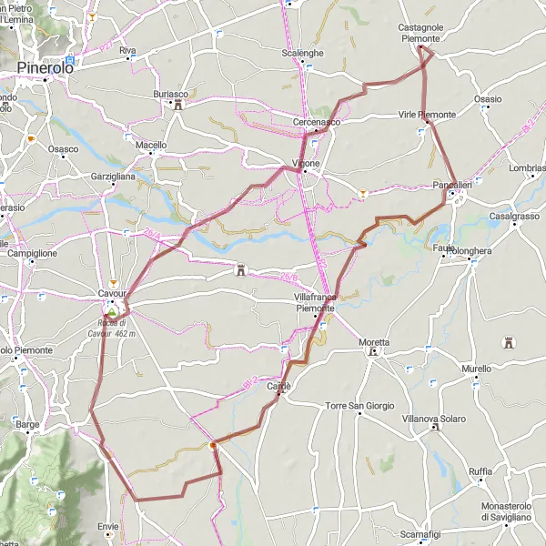 Karten-Miniaturansicht der Radinspiration "Abenteuerliche Schottertour durch Pancalieri und Villafranca Piemonte" in Piemonte, Italy. Erstellt vom Tarmacs.app-Routenplaner für Radtouren