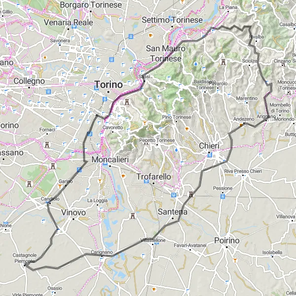 Miniatua del mapa de inspiración ciclista "Ruta a Nichelino y Carignano" en Piemonte, Italy. Generado por Tarmacs.app planificador de rutas ciclistas