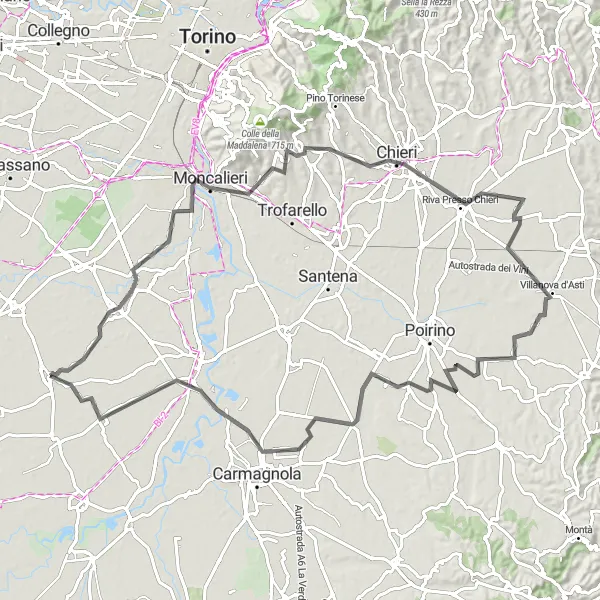 Miniaturní mapa "Trasa přes Moncalieri, Pecetto Torinese, Villanova d'Asti a Osasio" inspirace pro cyklisty v oblasti Piemonte, Italy. Vytvořeno pomocí plánovače tras Tarmacs.app