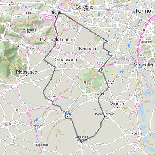 Miniatura della mappa di ispirazione al ciclismo "Tour ciclistico da Castagnole Piemonte a Rivalta di Torino attraverso Volvera" nella regione di Piemonte, Italy. Generata da Tarmacs.app, pianificatore di rotte ciclistiche