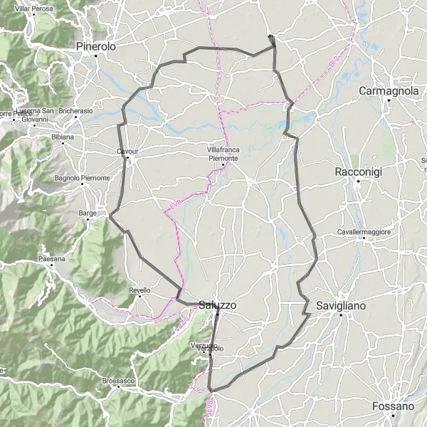 Mapa miniatúra "Trasa okolo Castagnole Piemonte" cyklistická inšpirácia v Piemonte, Italy. Vygenerované cyklistickým plánovačom trás Tarmacs.app