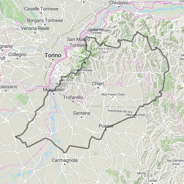 Miniatura della mappa di ispirazione al ciclismo "Giro Ciclabile delle Colline Torinesi" nella regione di Piemonte, Italy. Generata da Tarmacs.app, pianificatore di rotte ciclistiche