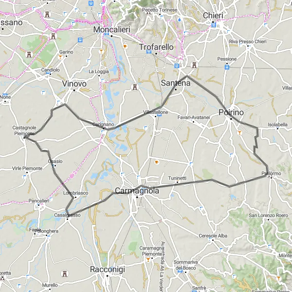 Mapa miniatúra "Okruh Castagnole Piemonte - Carignano - Poirino - Carmagnola - Osasio" cyklistická inšpirácia v Piemonte, Italy. Vygenerované cyklistickým plánovačom trás Tarmacs.app