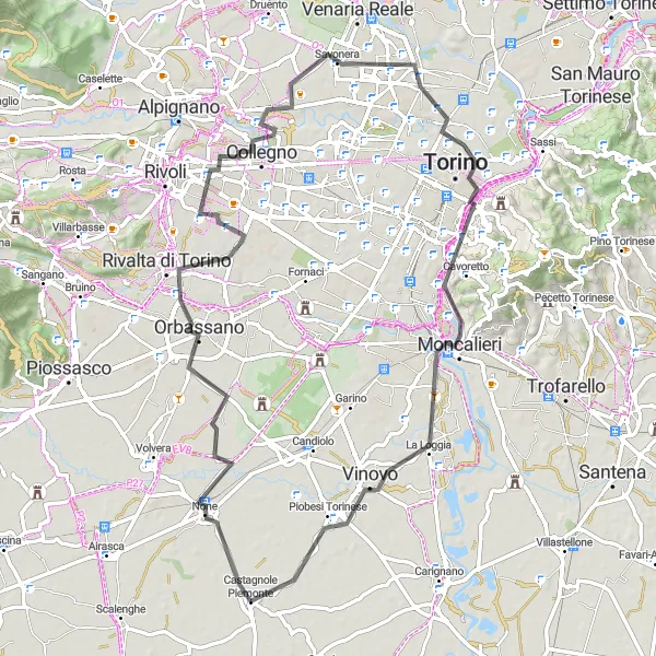 Miniatura della mappa di ispirazione al ciclismo "Giro dei Castelli Piemontesi" nella regione di Piemonte, Italy. Generata da Tarmacs.app, pianificatore di rotte ciclistiche