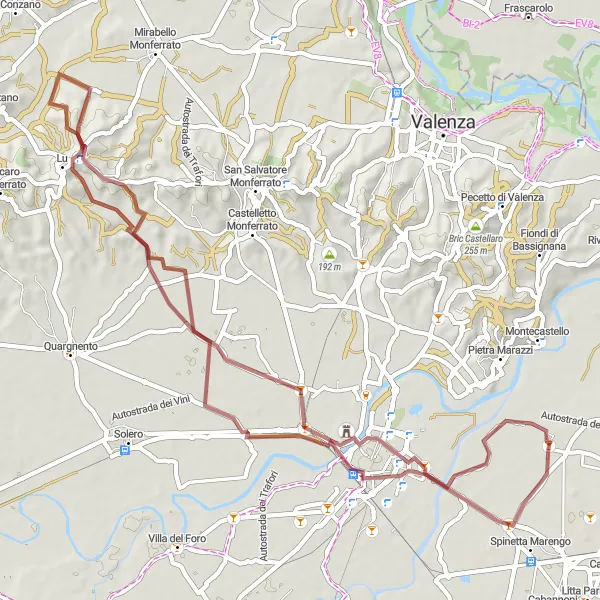 Mapa miniatúra "Gravelová trasa okolo Castelceriolo" cyklistická inšpirácia v Piemonte, Italy. Vygenerované cyklistickým plánovačom trás Tarmacs.app