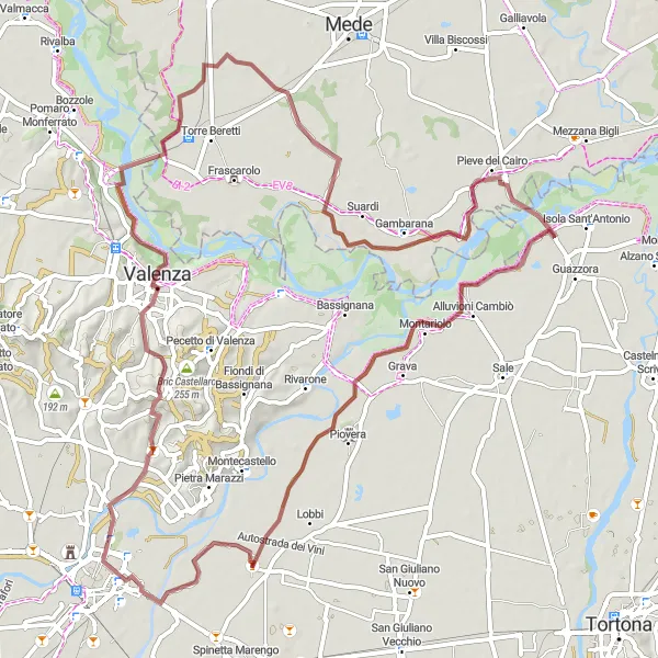 Miniatua del mapa de inspiración ciclista "Ruta de grava a Valenza y Pieve del Cairo" en Piemonte, Italy. Generado por Tarmacs.app planificador de rutas ciclistas