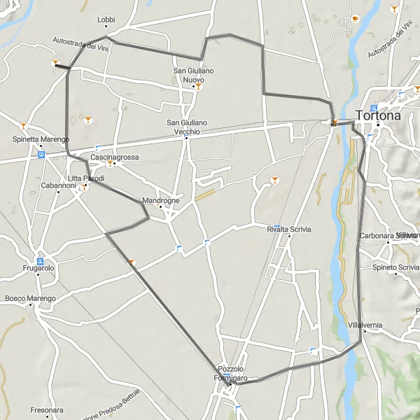 Miniatua del mapa de inspiración ciclista "Ruta de Carretera de Lobbi a Castelceriolo" en Piemonte, Italy. Generado por Tarmacs.app planificador de rutas ciclistas