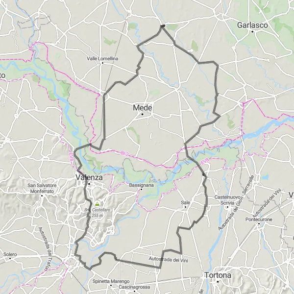 Mapa miniatúra "Cestná cyklotrasa okolo Castelceriolo" cyklistická inšpirácia v Piemonte, Italy. Vygenerované cyklistickým plánovačom trás Tarmacs.app