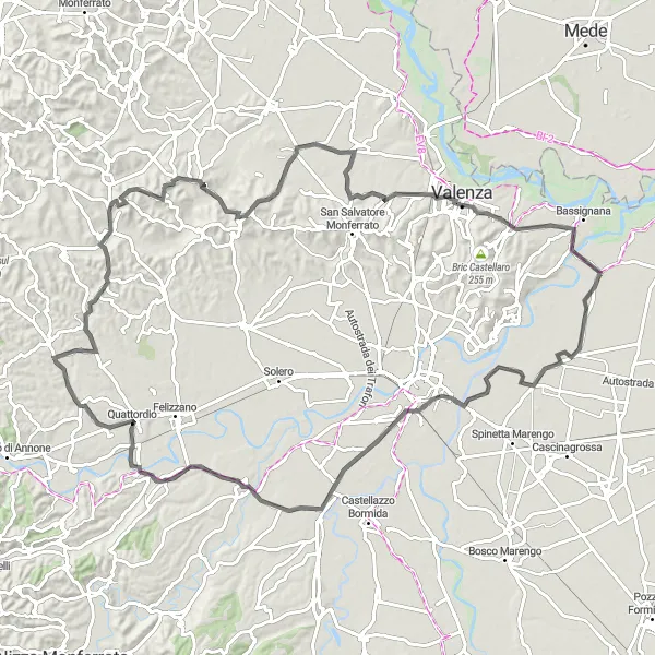 Kartminiatyr av "Castelceriolo till Valenza och Mirabello Monferrato" cykelinspiration i Piemonte, Italy. Genererad av Tarmacs.app cykelruttplanerare