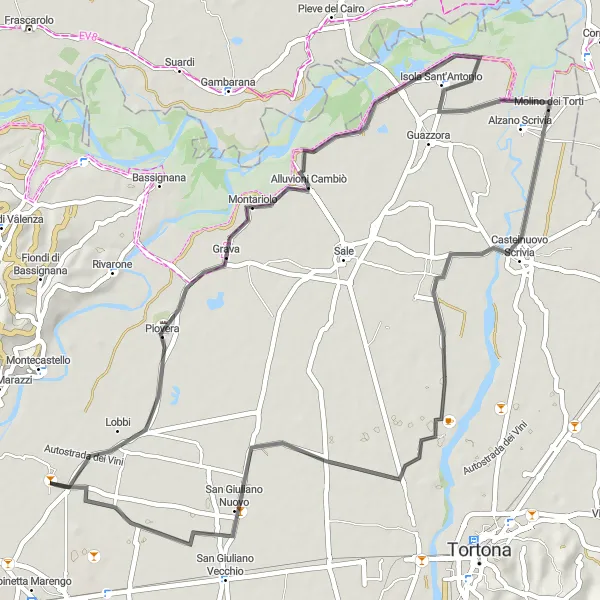 Miniatua del mapa de inspiración ciclista "Ruta de Carretera de Piovera a San Giuliano Nuovo" en Piemonte, Italy. Generado por Tarmacs.app planificador de rutas ciclistas
