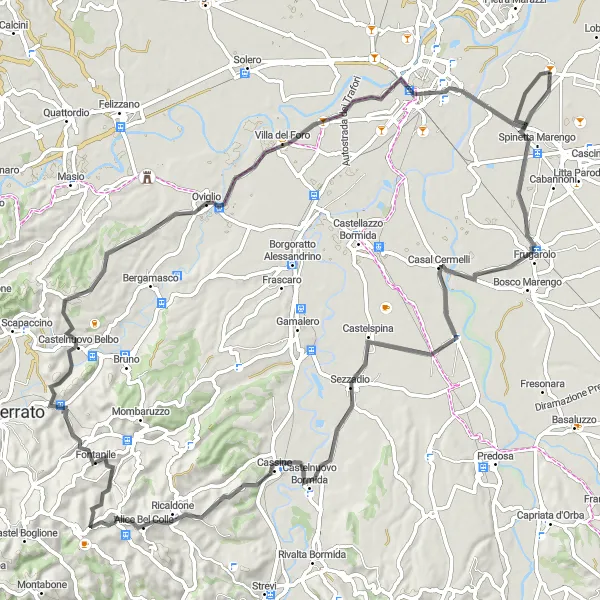 Kartminiatyr av "Landsväg cykling genom Castelnuovo Bormida och Belvedere" cykelinspiration i Piemonte, Italy. Genererad av Tarmacs.app cykelruttplanerare