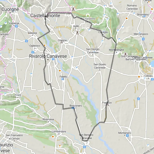 Miniatua del mapa de inspiración ciclista "Recorrido Escénico a Rivarolo Canavese" en Piemonte, Italy. Generado por Tarmacs.app planificador de rutas ciclistas