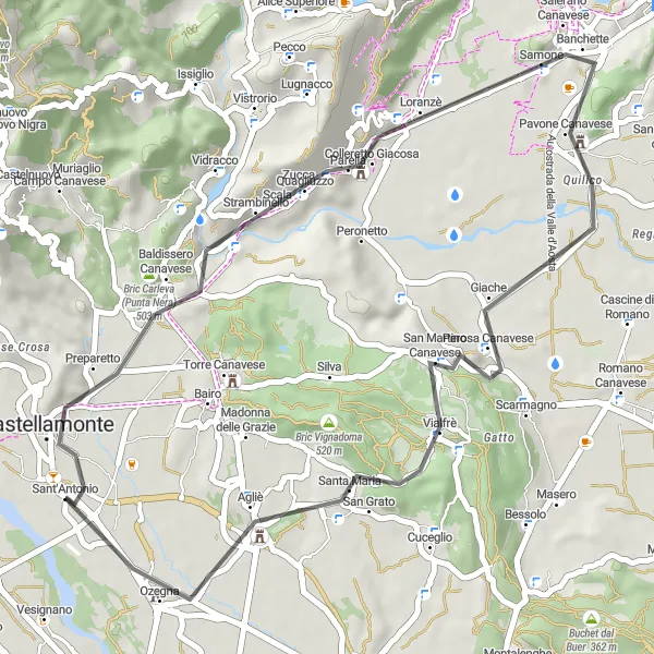 Zemljevid v pomanjšavi "Krožna kolesarska pot proti Agliè" kolesarske inspiracije v Piemonte, Italy. Generirano z načrtovalcem kolesarskih poti Tarmacs.app