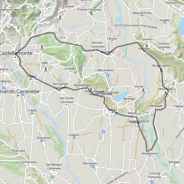 Map miniature of "Romano Canavese Circuit" cycling inspiration in Piemonte, Italy. Generated by Tarmacs.app cycling route planner