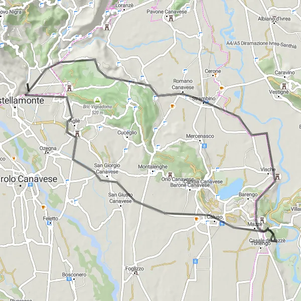 Map miniature of "Castellamonte - Bric Carleva - Baldissero Canavese - Monte Riolo - Romano Canavese - Caluso - Agliè - Castellamonte" cycling inspiration in Piemonte, Italy. Generated by Tarmacs.app cycling route planner