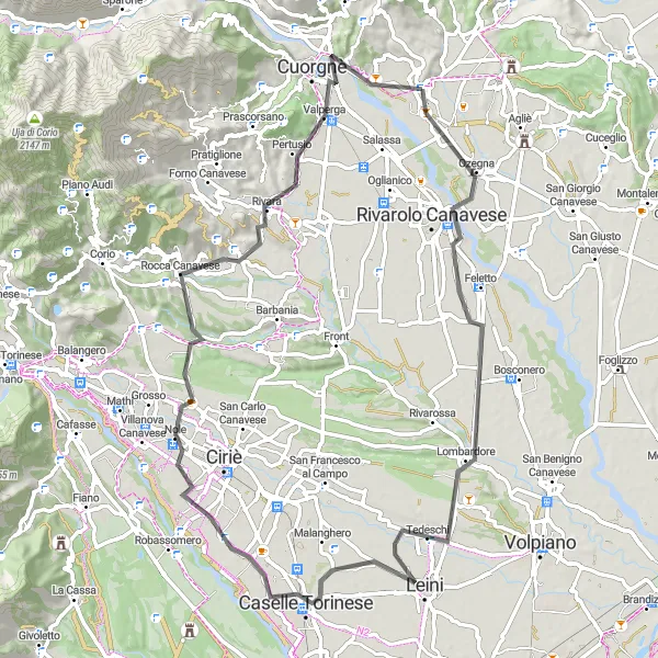 Miniatura della mappa di ispirazione al ciclismo "Circuito ciclistico tra Leini e Castellamonte" nella regione di Piemonte, Italy. Generata da Tarmacs.app, pianificatore di rotte ciclistiche