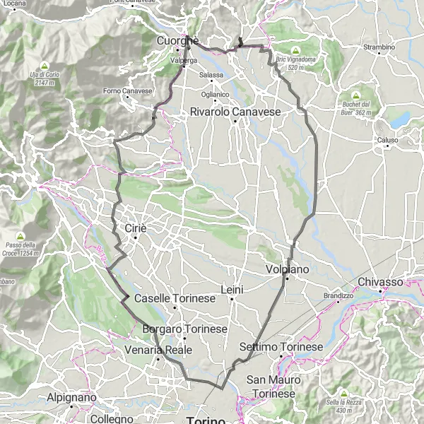 Kartminiatyr av "Rundtur från Castellamonte till Volpiano och tillbaka" cykelinspiration i Piemonte, Italy. Genererad av Tarmacs.app cykelruttplanerare