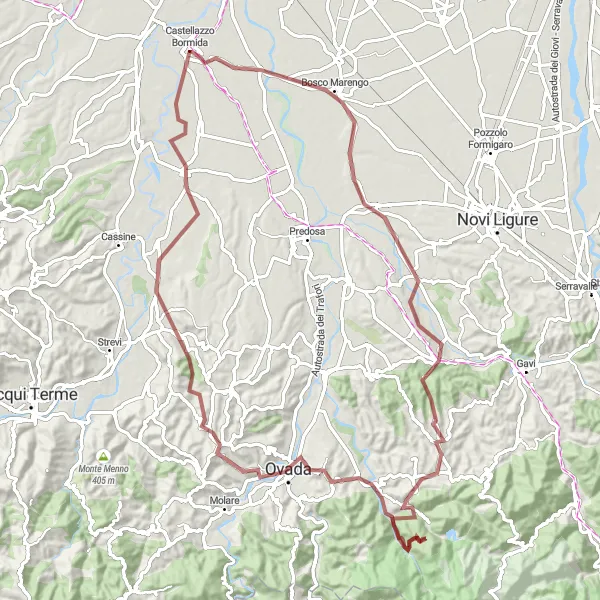 Map miniature of "Castellazzo Bormida - Basaluzzo - Casaleggio Boiro - Mond'Ovile - Ovada - Trisobbio - Castelnuovo Bormida Gravel Cycling" cycling inspiration in Piemonte, Italy. Generated by Tarmacs.app cycling route planner