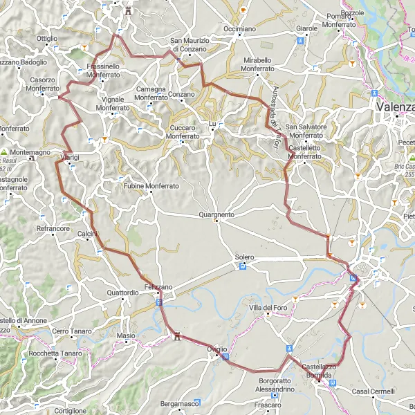 Map miniature of "Castellazzo Bormida - Felizzano - Frassinello Monferrato - Valdolenga - Castellazzo Bormida Gravel Cycling" cycling inspiration in Piemonte, Italy. Generated by Tarmacs.app cycling route planner