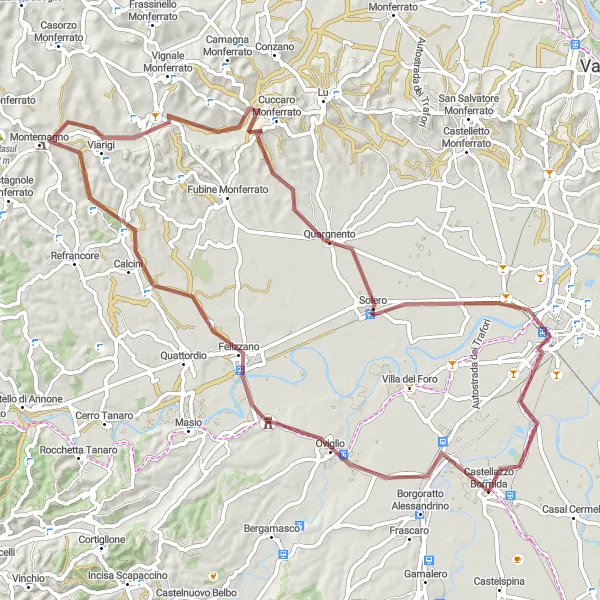 Miniaturní mapa "Gravelová trasa Viarigi" inspirace pro cyklisty v oblasti Piemonte, Italy. Vytvořeno pomocí plánovače tras Tarmacs.app