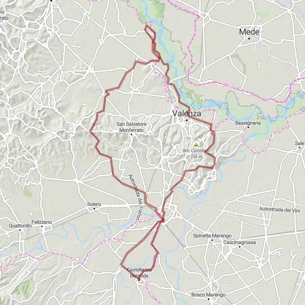 Zemljevid v pomanjšavi "Gravel kolesarska pot v bližini Castellazza Bormide (Piemonte, Italija)" kolesarske inspiracije v Piemonte, Italy. Generirano z načrtovalcem kolesarskih poti Tarmacs.app