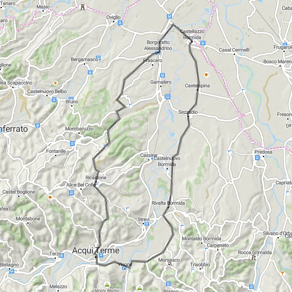 Map miniature of "Castellazzo Bormida - Castelnuovo Bormida - Monte Stregone - Acqui Terme - Belvedere - Ricaldone - Frascaro - Castellazzo Bormida Road Cycling" cycling inspiration in Piemonte, Italy. Generated by Tarmacs.app cycling route planner