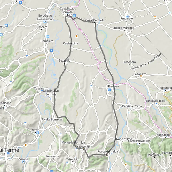 Zemljevid v pomanjšavi "Kratek izlet okoli Valle Bormida" kolesarske inspiracije v Piemonte, Italy. Generirano z načrtovalcem kolesarskih poti Tarmacs.app