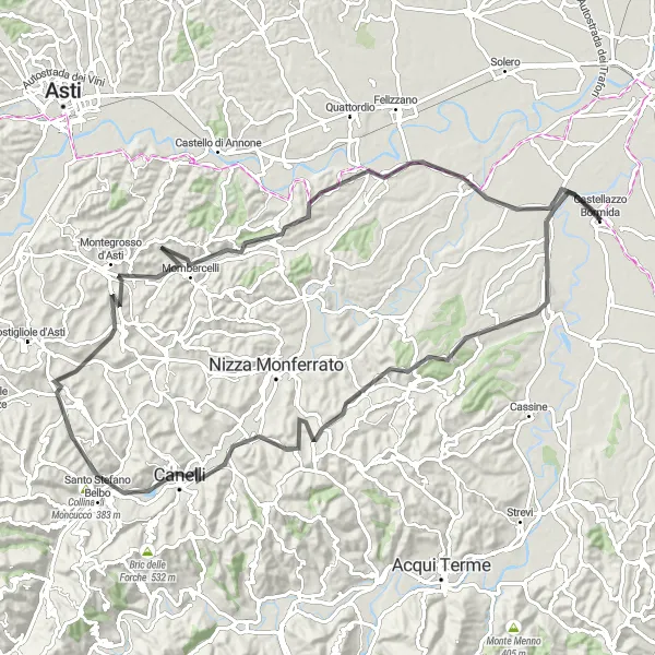 Map miniature of "Castellazzo Bormida - Gamalero - Mombaruzzo - Canelli - Bric Crevacuore - Bricco Lù - Montegrosso d'Asti - Belveglio - Cantalupo Road Cycling" cycling inspiration in Piemonte, Italy. Generated by Tarmacs.app cycling route planner