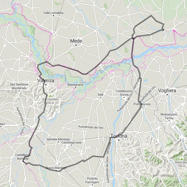 Map miniature of "Around Alessandria" cycling inspiration in Piemonte, Italy. Generated by Tarmacs.app cycling route planner