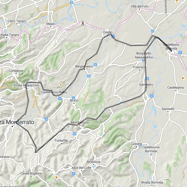 Miniaturní mapa "Silniční cyklistická trasa okolo Castellazzo Bormida" inspirace pro cyklisty v oblasti Piemonte, Italy. Vytvořeno pomocí plánovače tras Tarmacs.app