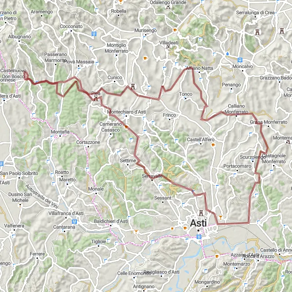 Miniatua del mapa de inspiración ciclista "Ruta de grava a través de Cerreto d'Asti y Cortanze" en Piemonte, Italy. Generado por Tarmacs.app planificador de rutas ciclistas