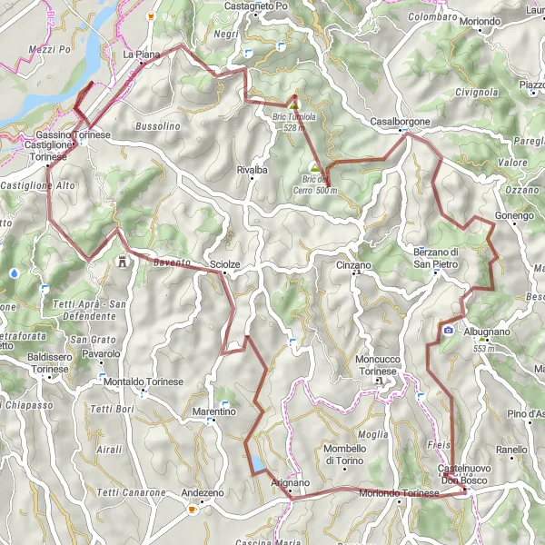 Miniatura della mappa di ispirazione al ciclismo "Avventura nelle Colline tra Castelnuovo Don Bosco e Albugnano" nella regione di Piemonte, Italy. Generata da Tarmacs.app, pianificatore di rotte ciclistiche