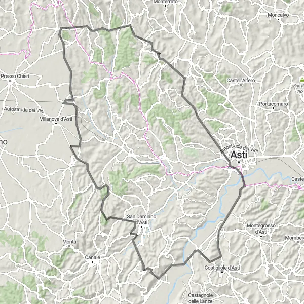 Miniatua del mapa de inspiración ciclista "Ruta de carretera a través de Cortanze y San Damiano d'Asti" en Piemonte, Italy. Generado por Tarmacs.app planificador de rutas ciclistas