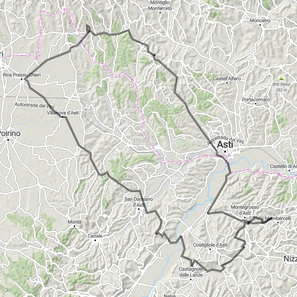 Miniatura della mappa di ispirazione al ciclismo "Giro tra Colline e Borghi Astigiani" nella regione di Piemonte, Italy. Generata da Tarmacs.app, pianificatore di rotte ciclistiche