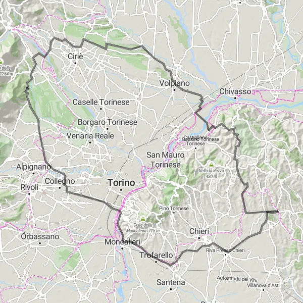 Miniaturní mapa "Okružní cyklistická trasa kolem Castelnuovo Don Bosco" inspirace pro cyklisty v oblasti Piemonte, Italy. Vytvořeno pomocí plánovače tras Tarmacs.app