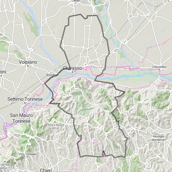 Miniatua del mapa de inspiración ciclista "Ruta de carretera a través de Arignano y Lauriano" en Piemonte, Italy. Generado por Tarmacs.app planificador de rutas ciclistas