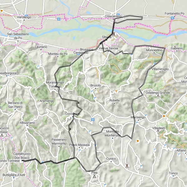 Miniatua del mapa de inspiración ciclista "Ruta de carretera a través de Cocconato y Piea" en Piemonte, Italy. Generado por Tarmacs.app planificador de rutas ciclistas