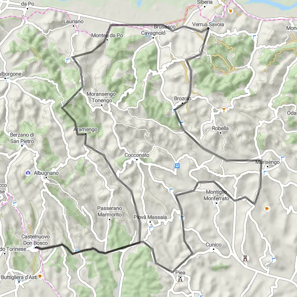 Map miniature of "Scenic Road Ride in Monteu da Po" cycling inspiration in Piemonte, Italy. Generated by Tarmacs.app cycling route planner