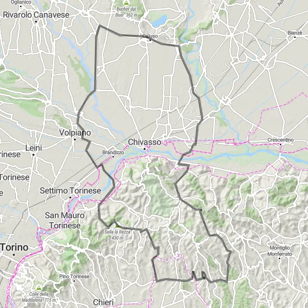 Miniatura della mappa di ispirazione al ciclismo "Il giro delle colline del Piemonte" nella regione di Piemonte, Italy. Generata da Tarmacs.app, pianificatore di rotte ciclistiche