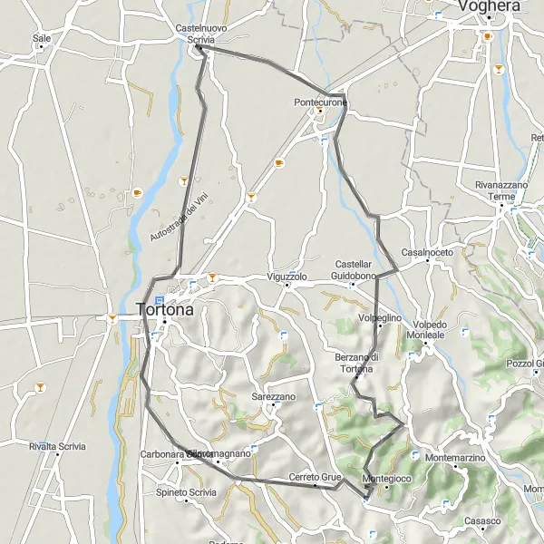 Miniatura della mappa di ispirazione al ciclismo "Tour Stradale tra Pontecurone e Tortona" nella regione di Piemonte, Italy. Generata da Tarmacs.app, pianificatore di rotte ciclistiche