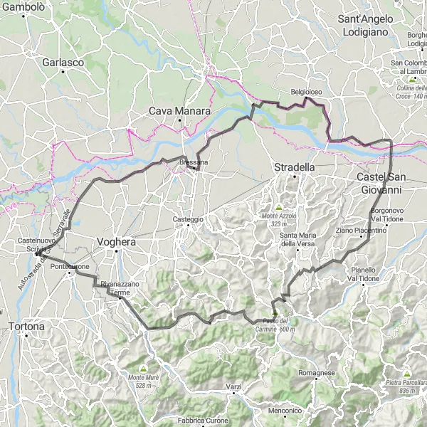 Mapa miniatúra "Okruh do kopcov s výhľadmi" cyklistická inšpirácia v Piemonte, Italy. Vygenerované cyklistickým plánovačom trás Tarmacs.app