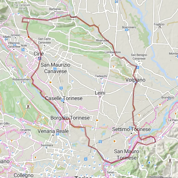 Zemljevid v pomanjšavi "Gravelna avantura okoli Castiglione Torinese" kolesarske inspiracije v Piemonte, Italy. Generirano z načrtovalcem kolesarskih poti Tarmacs.app