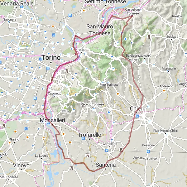 Kartminiatyr av "Oppdag Chieri og Mole Antonelliana" sykkelinspirasjon i Piemonte, Italy. Generert av Tarmacs.app sykkelrutoplanlegger