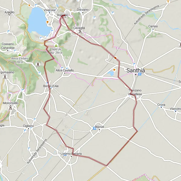 Miniature de la carte de l'inspiration cycliste "Aventure gravel autour de Cavaglià" dans la Piemonte, Italy. Générée par le planificateur d'itinéraire cycliste Tarmacs.app